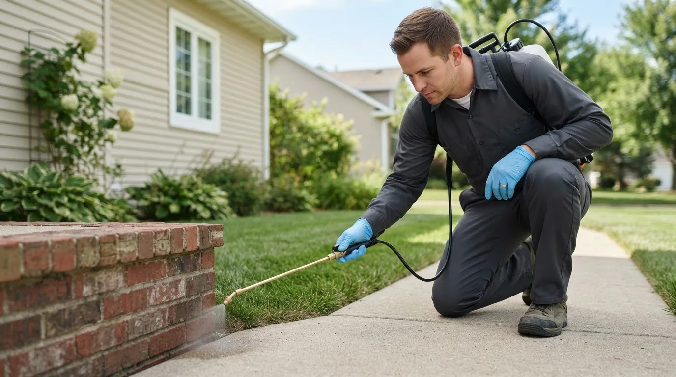 Pest control technician treating a home near Grove City, PA